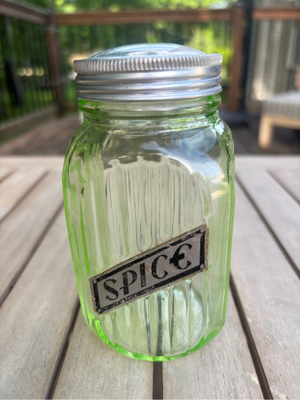 Vintage Green Glass Spice Jar with aluminum Lid